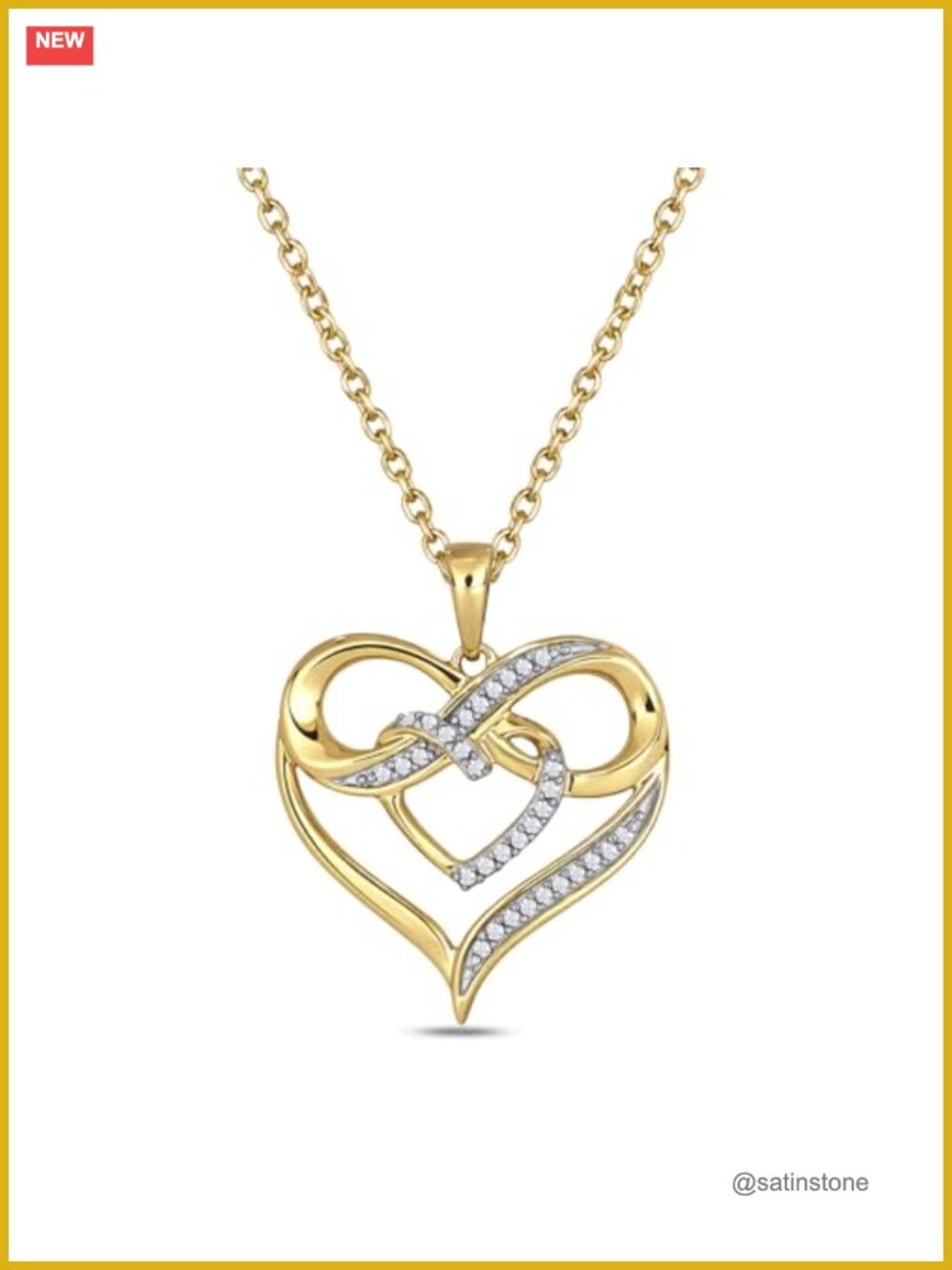10K Yellow Gold 1/10ct Diamond Double Heart Infinity Pendant Necklace for Women